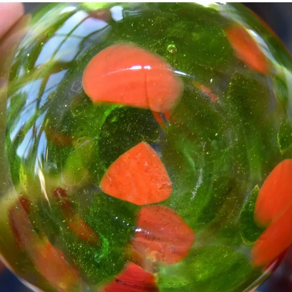 Pottery Barn Hand Blown Art Glass Bud Vase Green Red Polka Dot Ruffled 5”